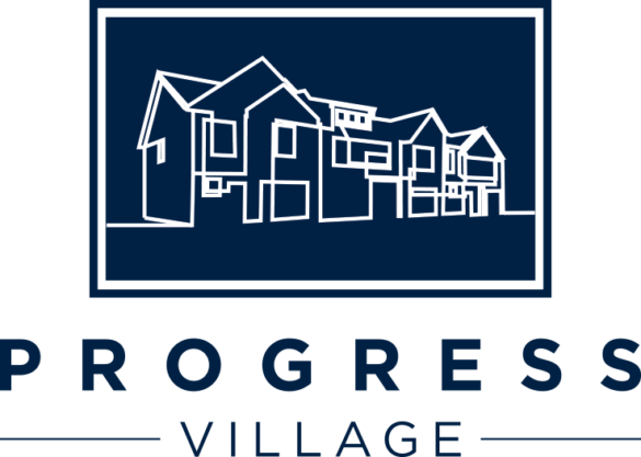 A logo with the words "Progress Village" and a line drawing of houses.